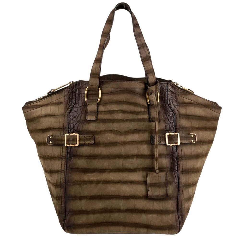 Yves Saint Laurent Vintage Croc Embossed Nubuck Downtown Bag Brown Designer